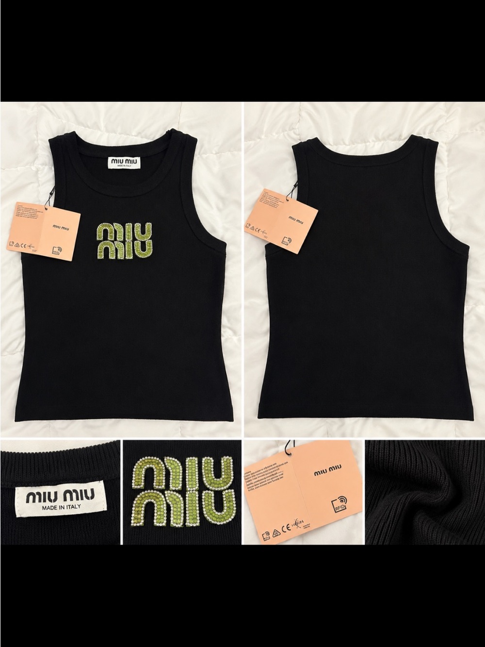 Miu Miu Black Tank Top with Lime Green Beaded Logo - Kids